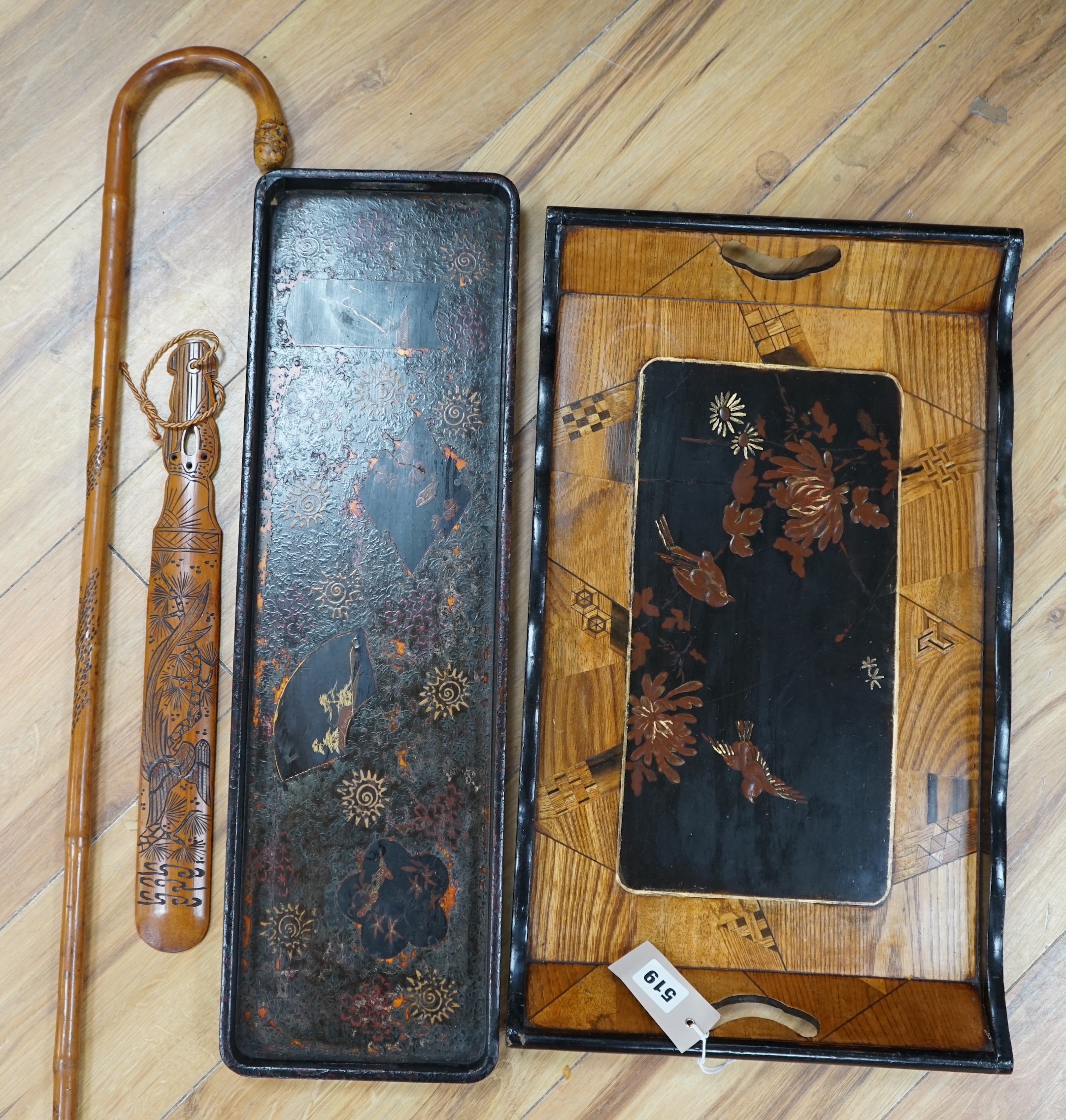 Two Japanese trays, page turner walking stick